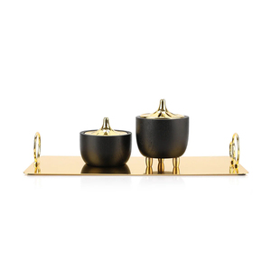 Ensemble d'encensoirs en bois faits à la main avec deux bols dorés à couvercles sur un plateau brillant, créant une pièce décorative élégante pour la maison. - Product Image 4