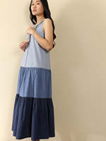 Robe longue sans manches à blocs de couleur avec boutons sur le devant, ourlet évasé, décontractée, en coton tissé respirant, coupe ample pour l'été