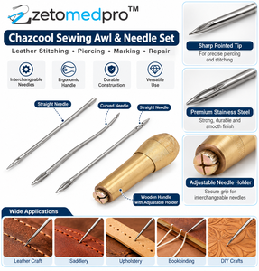 Juego de 4 agujas de coser de cuero con mango de madera y 3 agujas intercambiables con puntas rectas y curvas de acero inoxidable ZETOMEDPRO - Product Image 6