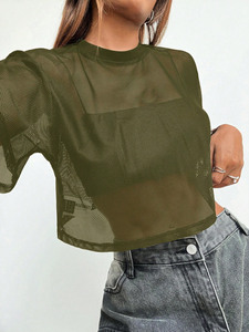 Retro Olive Green <b>Mesh</b> Crop <b>Top</b> <b>Women</b>’s Casual Streetwear Shirt Custom OEM - Product Image 5