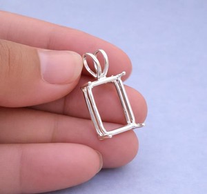 Handmade 925 Silver 8x10mm Emerald Shape 4 Prong Setting Semi Mount Designer Charm Pendant Setting DIY Keepsake Jewelry Findings - Product Image 5