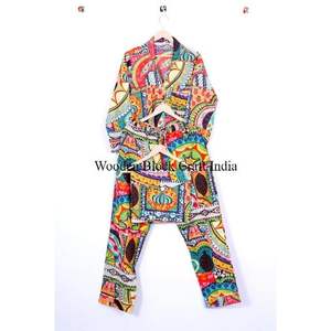 Ensemble de pyjama 100% coton fait main pour femmes avec fermeture à boutons, col rabattu, poches, sac assorti, vêtements de nuit confortables - Product Image 5