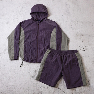 Ensemble de survêtement pour homme, couleur violette, avec blocs de couleur, à capuche, fermeture éclair, manches longues, short sportif, respirant, léger, en coton, taille élastique - Product Image 2