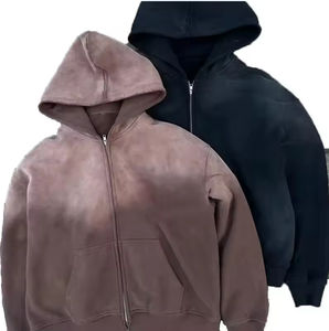 Sudadera con capucha y cremallera para hombre, estilo vintage, de felpa, con lavado ácido, doble capa, desgastada, efecto descolorido por el sol, estilo streetwear. - Product Image 1