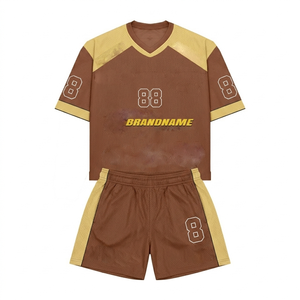 ชุดเสื้อเจอร์ซีย์ตาข่ายโพลีเอสเตอร์ระบายอากาศสำหรับผู้ชาย และกางเกงขาสั้น ดีไซน์แผงสีน้ำตาลทอง พร้อมโลโก้แบบรีดร้อนสั่งทำพิเศษสำหรับผู้ชาย - Product Image 1