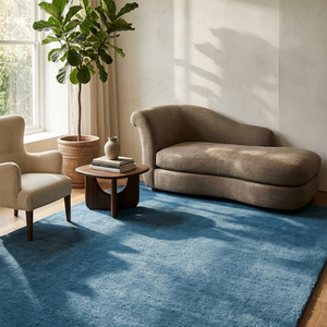 Tapis rustique en laine bleue tufté à la main, antidérapant, à motif géométrique, pour salon, chambre, salle à manger et décoration intérieure contemporaine - Product Image 3
