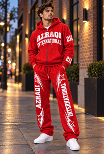 ชุดเซ็ตเสื้อฮู้ดมีซิปสีแดงลายกราฟิกสำหรับผู้ชาย กางเกงจ็อกเกอร์ สตรีทแวร์ ชุดสองชิ้น ขายส่งจากโรงงานผลิตเสื้อผ้า - Product Image 5