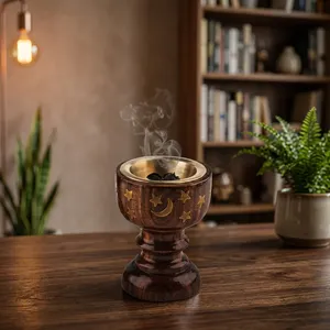 Quemador de Incienso de Madera con Cáliz Ornamentado, Incrustaciones de Estrellas y Luna, con una Copa Metálica Dorada Extraíble de Alta Resistencia - Product Image 5