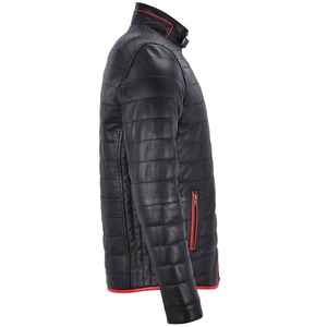 Chaqueta Acolchada de Cuero Negra para Hombre con Ribete Rojo, Cuello Alto y Cierre de Cremallera, Producto Terminado para la Temporada de Invierno - Product Image 3
