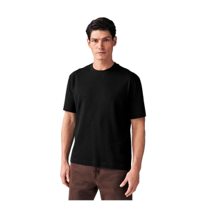 เสื้อยืดคอกลมแขนสั้นสีดำสำหรับผู้ชาย ทรงปกติ สวมใส่สบาย สีพื้น ผ้าฝ้ายเจอร์ซีย์ถัก 100% ย้อมสีเรียบ - Product Image 4