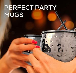 Tasses Moscow Mule avec pailles, poignée en laiton confortable, en acier inoxydable, forme martelée originale, nickelé noir brillant - Product Image 6