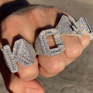 Iced Out <b>Gold</b> Plated S925 Silver <b>Cocktail</b> <b>Ring</b> Diamond Baguette Cut Letters Blue Inlay Pave Setting Hiphop Style Diamond <b>Ring</b> - Product Image 4
