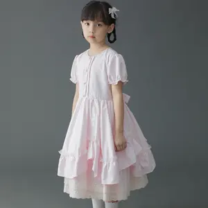 Ruffle 3 Layer Cotton O-Neck Baby Girl Handmade Flower Dresses Embroidery Custom Pink Short Sleeves 1-10 Years Old-Pamela