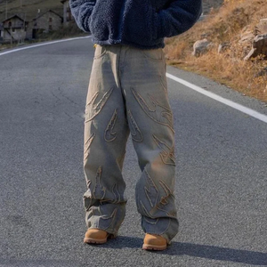 Jeans de mezclilla de cintura alta y pierna ancha para hombre con bordado tribal, estilo casual holgado, pantalones de mezclilla de algodón para otoño. - Product Image 5