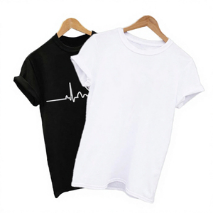 Camiseta de Verano con Estampado de Latidos del Corazón, Linda, Unisex, de Poliéster, Cuello Redondo, Manga Corta, Informal, Transpirable, Geométrica, Blanca y Negra - Product Image 4