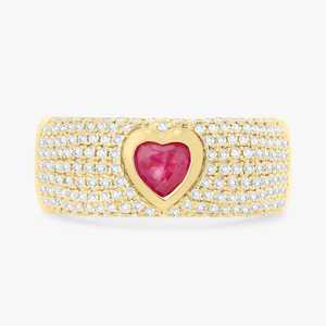 Bagues de cigare en diamant en or massif 10K 14K 18K, serties pavé avec rubis cœur taille ronde cultivés en laboratoire, dôme large, bague de déclaration de mariage - Product Image 1