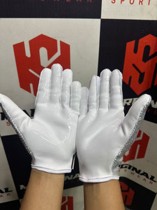 Custom White Rhinestone Full Finger <b>Gloves</b> Glitter Trim PU Material Unisex Performance Wear All Seasons American Football <b>Gloves</b> - Product Image 1