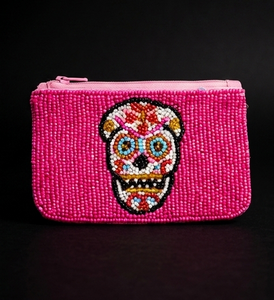 Beaded Mini Coin <b>Purse</b> <b>Pink</b> Sugar Skull Zipper Closure Handmade Bohemian Style Unisex - Product Image 4