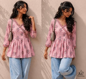 Kurti en coton à imprimé floral rose pour femmes, coupe ample, haut décontracté, style ethnique, à porter toute l'année, Inde, Pakistan - Product Image 2