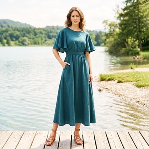 100% Cotton Vintage Bell Sleeve V-neck <b>High</b> <b>Waist</b> Midi Beach Vacation <b>Dress</b> Pockets Minimalist A-Line Bow Breathable Loose Fit - Product Image 1