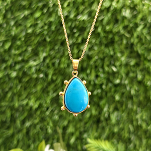 Collier bohème en pierres précieuses, pendentif turquoise bleu en forme de larme, collier pour femme, collier à perles, design de créateur, plaqué or 18 carats, chaînes de mode. - Product Image 4
