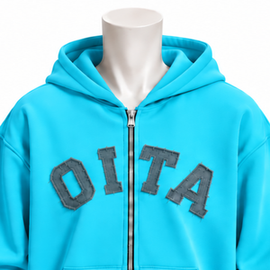 Cyan Blue Mens <b>Zip</b> Front <b>Hoodie</b> Chenille Letter Patch Heavyweight Fleece Oversized Streetwear Sweatshirt with Kangaroo <b>Pockets</b> - Product Image 3
