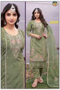 Ensemble de salwar kameez vert olive brodé pour femmes, tenue ethnique de créateur, pantalon et dupatta, robe de soirée pour mariage - Product Image 4