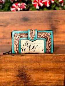 Cartera tallada a mano con patrón occidental, borde de embrague con cuero de piel de vaca de Color turquesa, billetera multiusos - Product Image 2