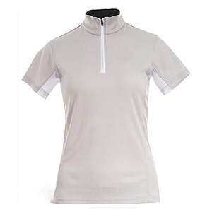 Women's Slim Fit Moisture Wicking Breathable Spandex Equestrian Riding T-Shirt Short Sleeve Zipper Closure Solid Navy Gray Panel - Product Image 4