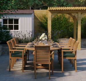 Ensemble de table à manger ovale d'extérieur en teck massif tropical, 8 places, banc incurvé, fauteuils, finition naturelle, meubles pour villa et hôtel - Product Image 2