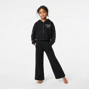 Chándal con capucha para niños, manga larga, hombros caídos, con pedrería, corte holgado, estilo casual, moderno, color negro - Product Image 3
