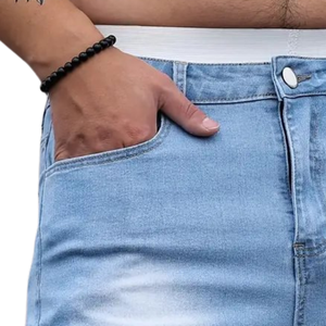 Shorts en jean stretch bleu clair pour homme Muqeet Ghazal, coupe droite ajustée, taille mi-haute, décontracté, en spandex/coton, séchage rapide, respirant, printemps - Product Image 5