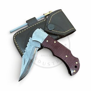 Couteau pliant artisanal en acier Damas avec logo personnalisé, verrouillage arrière, pour la chasse, EDC, allume-feu, lame en acier inoxydable, manche en bois - Product Image 3