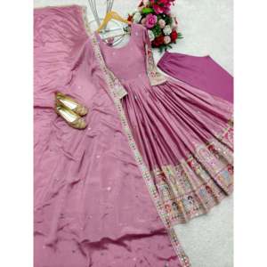 Hermoso vestido tradicional musulmán de oro rosa Anarkali con Pent y Dupatta Talla L para ropa de fiesta de WW - Product Image 3