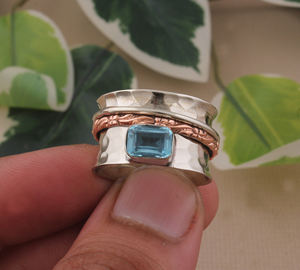 Wholesale Blue Topaz Bezel Setting Spinner <b>Ring</b> Women 925 Silver <b>Anxiety</b> Relief <b>Fidget</b> Jewelry Dainty Solitaire Certified Jaipur - Product Image 1
