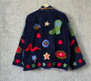 Chaqueta Bomber Boho de Terciopelo Azul para Mujer, Bordada, 100% Algodón Tejido con Patrón Floral, Ecológica, Transpirable, para Invierno y Verano - Product Image 2