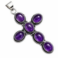 Joyería al por mayor Vintage, Colgante de cruz con amatista natural, engaste de bisel chapado en plata antigua, base de latón, chapado personalizado
