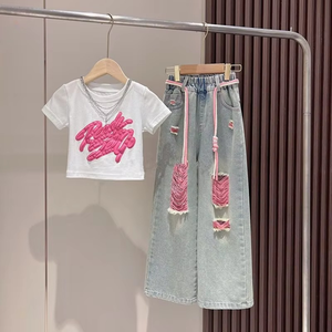 Conjuntos de Ropa Casual para Niños, Venta Caliente 2026, Camisetas de Manga Corta y Pantalones Vaqueros Anchos, 2 Piezas, Ropa para Adolescentes - Product Image 1