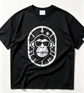 Camiseta Unisex Negra de Manga Corta con Cuello Redondo, Diseño de Mono de Dibujos Animados con Estampado Metálico, Estilo Urbano, 100% Algodón, 180g, Alta Calidad - Product Image 6