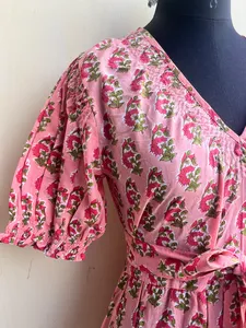 Vestido maxi de otoño informal para mujer 100% algodón indio estampado a mano con decoración bordada - Product Image 6