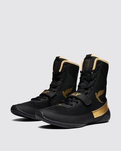 Zapatos de boxeo personalizados 100% de cuero vacuno genuino de primera calidad, color negro y dorado, ligeros, para boxeo. - Product Image 1