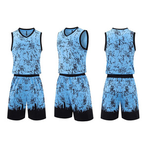 Ensemble maillot et short de basketball sublimé pour homme, col en V, sans manches, bleu, respirant - Product Image 1