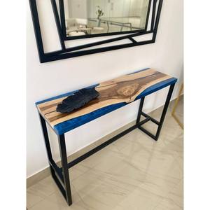 Table console en résine époxy Blue River, bois à bords naturels, meuble d'entrée fait main, pièce d'appoint moderne pour couloir - Product Image 1