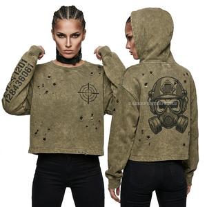 Sudadera con capucha verde oliva desgastada con bolsillos, gráfico personalizado de calavera con máscara de gas, estilo urbano, forro polar grueso, fabricante - Product Image 2