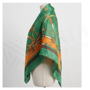Women's Square <b>Silk</b> Scarf <b>Green</b> Orange Horsebit Print Elegant Multi-Functional Fashion Accessory All Seasons - Product Image 3