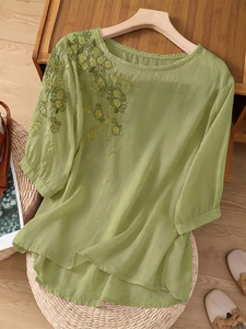 Camisas de Verano Casuales Bordadas de Lujo con Cuello Redondo y Estampado Floral para Mujer, Blusas Transpirables de Manga 3/4 - Product Image 3