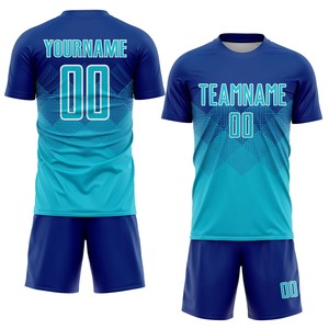Uniformes de Fútbol Personalizados en Azul Rey, Aqua y Blanco, Sublimados, con Nombre y Número del Equipo, Conjuntos de Camisetas de Fútbol de Manga Corta, Venta al Por Mayor - Product Image 1