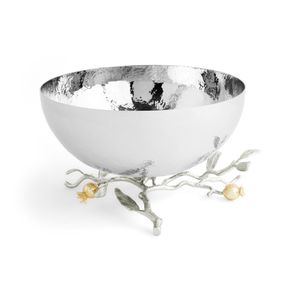 Bol de service de luxe en acier inoxydable martelé argenté avec support en forme de branche florale dorée, élégant bol à fruits et salade à motif floral de dogwood blanc - Product Image 5