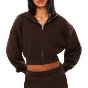 High Quality Women's Relaxed Fit <b>Cropped</b> Length Fleece <b>Zip</b> Through Hoodie Fleece Autumn Casual Wear Unlined Knitted - Product Image 1