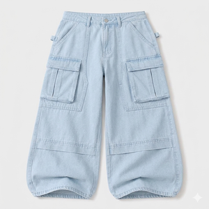 Pantalones Cargo Anchos de Mezclilla Azul Claro Personalizados de Clovix Sports, Unisex, Corte Holgado, Estilo Baggy, con Múltiples Bolsillos, Fabricante OEM ODM - Product Image 1